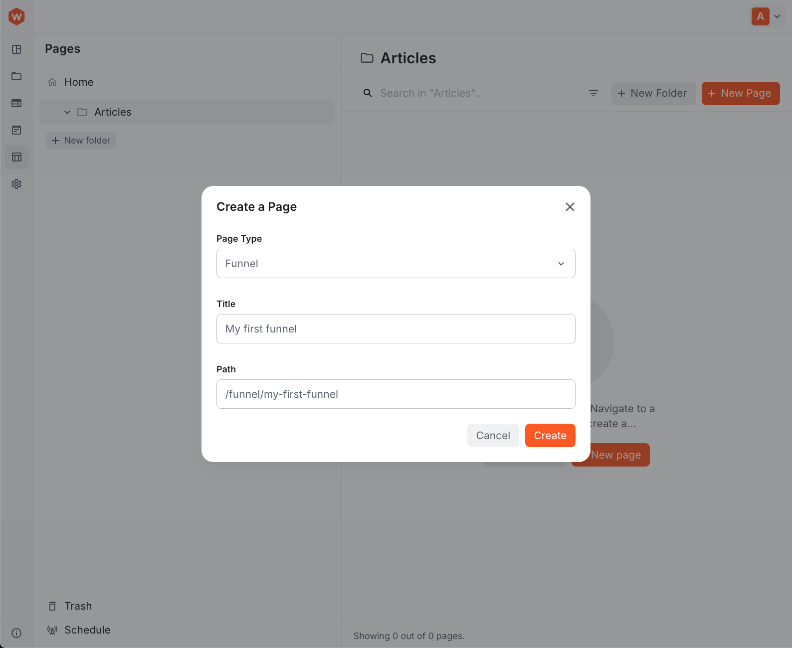 Create a Page dialog with a custom Funnel page type